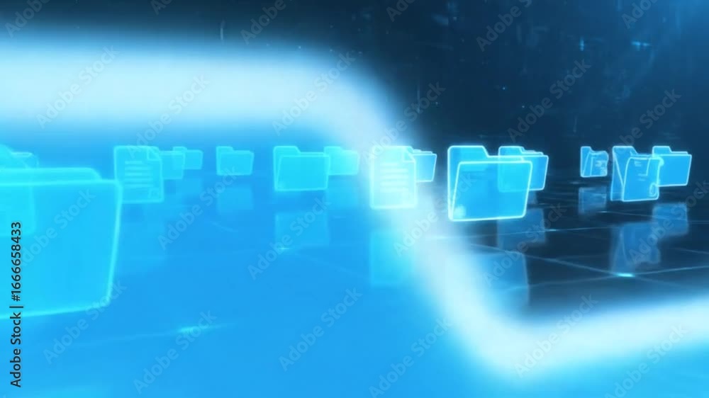 Poster Blue Digital File Folders On a Dark Background with Glowing Grid and Data Network