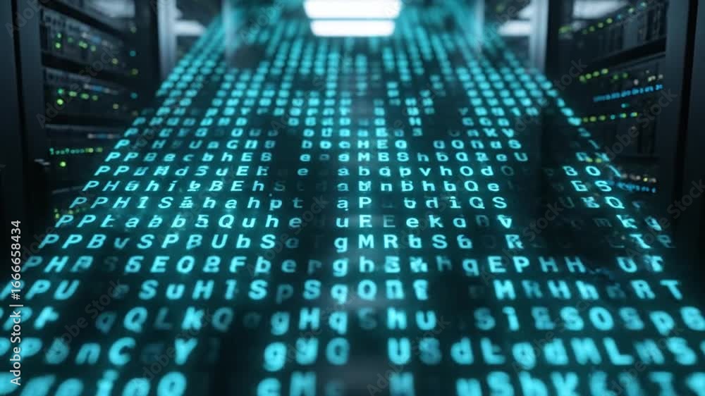 Poster blue binary code overlay in dark server room data center technology concept