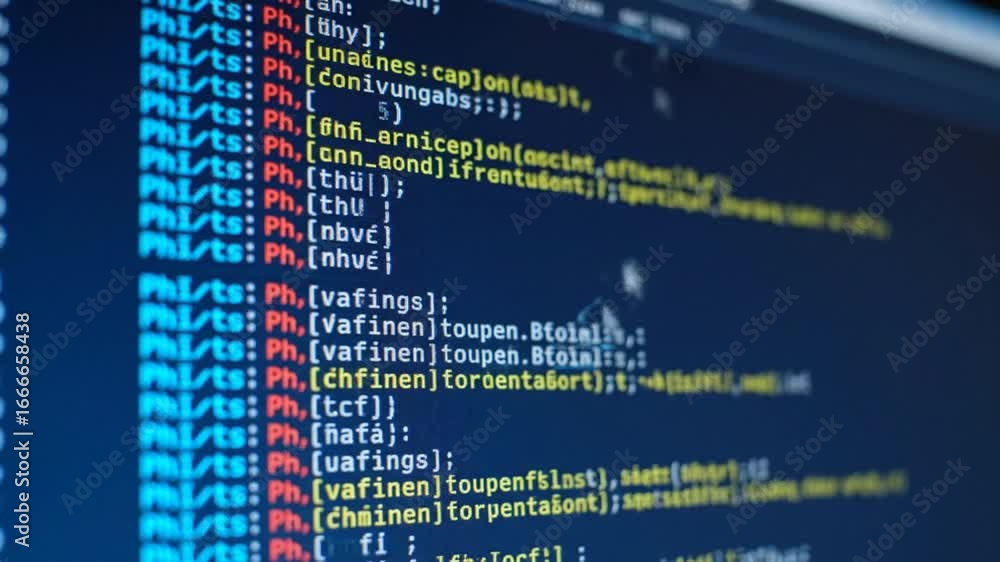 Poster blue computer screen displaying lines of code for software development and technology