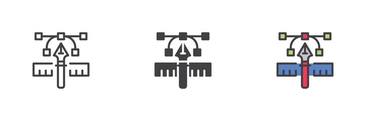 Pen tool with nodes and rulers icon set pack ? line, solid, filled outline different style