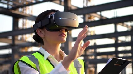 Female Engineer Using VR Headset for Virtual Project Management at Construction Site - Powered by Adobe