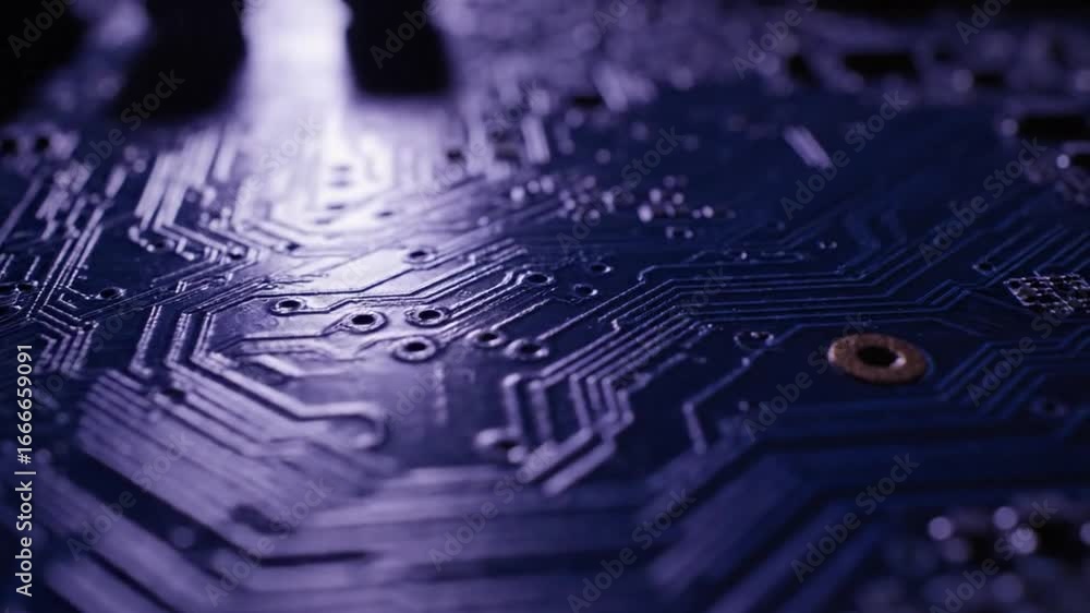 Poster close up of a blue electronic circuit board with intricate patterns and technology