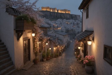 Fototapeta premium Romantische Altstadtgasse bei Sonnenuntergang mit Blick auf antike Ruinen – enge Gasse mit Kopfsteinpflaster, weißen Häusern und herbstlicher Dekoration in warmem Licht