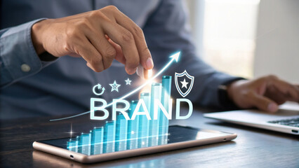 Holographic digital graph with rising bars and brand text over tablet showing business growth and success concept