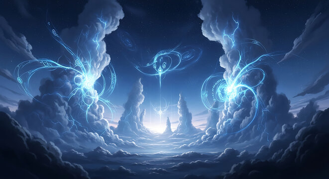 A Majestic Sky Realm with Ethereal Light Pillars Reaching Towards a Celestial Horizon