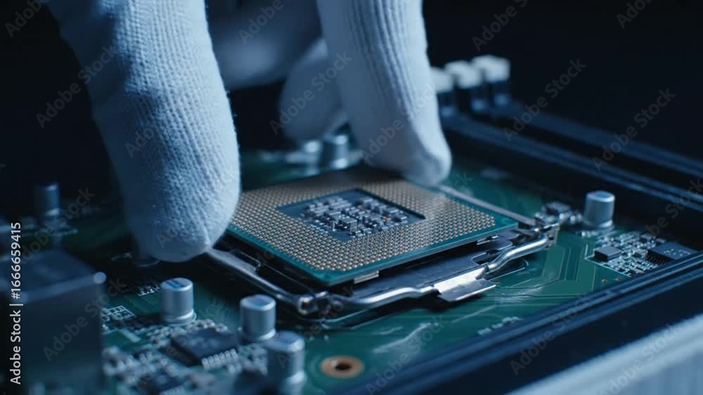 Aufkleber close up of hand installing cpu microprocessor on green circuit board under dark background