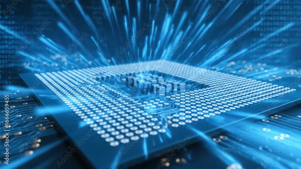 Poster close up of intricate blue computer microchip on circuit board with glowing cybernetic effects