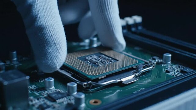 Close Up of Hand Installing Cpu Microprocessor on Green Circuit Board Under Dark Background