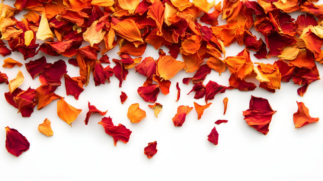 A scattered arrangement of dried safflower petals in bold orange-red, set against a pristine white background, emphasizing their natural beauty.