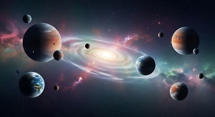 Colorful Spiral Galaxy with Planets and Nebulae in Deep Space.