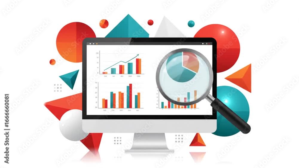 Poster computer displaying charts and data with magnifying glass and geometric shapes