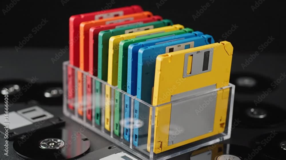 Poster colorful stack of floppy disks in clear acrylic container on dark background
