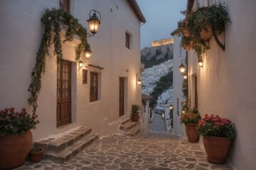 Romantische Altstadtgasse bei Sonnenuntergang mit Blick auf antike Ruinen – enge Gasse mit Kopfsteinpflaster, weißen Häusern und herbstlicher Dekoration in warmem Licht