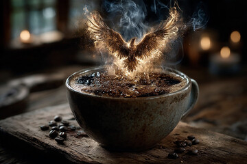 Fiery phoenix rising from aromatic coffee cup: a fantasy beverage
