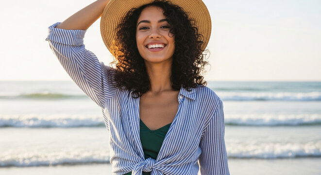 Smiling woman with curly hair, wearing striped shirt and straw hat, on a beach background, conveying summer joy and carefree lifestyle - Powered by Adobe