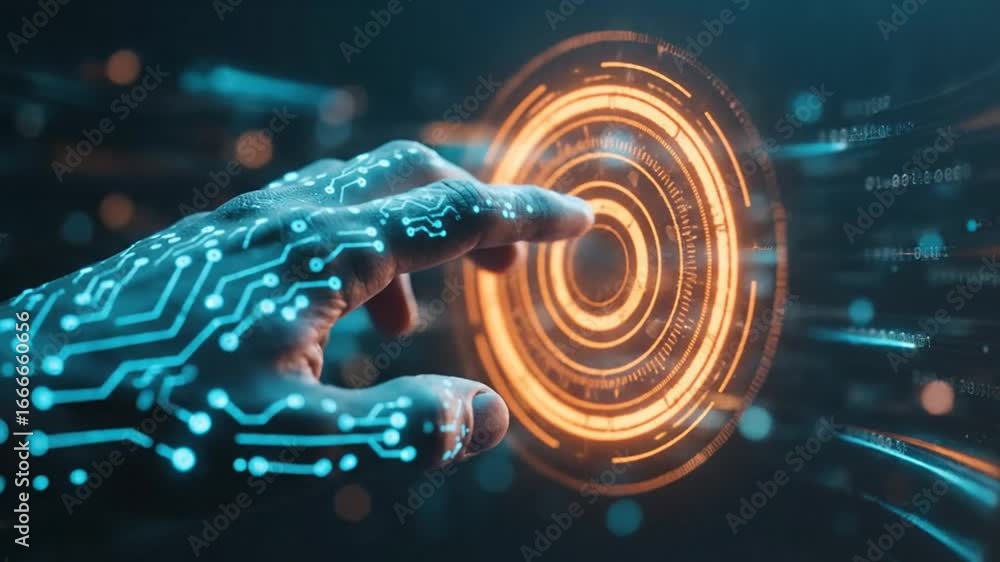 Poster digital interface featuring a hand touching glowing technological display with blue tones