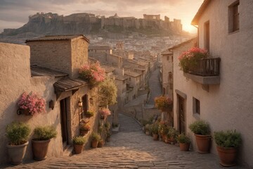 Fototapeta premium Romantische Altstadtgasse bei Sonnenuntergang mit Blick auf antike Ruinen – enge Gasse mit Kopfsteinpflaster, weißen Häusern und herbstlicher Dekoration in warmem Licht