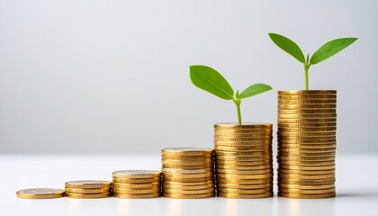 Lush green shoots emerging from a pile of gold coins, financial growth and investment.