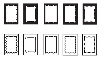 Black blank postage stamp frame collection. Set of black blank postage stamp frames with decorative borders, ideal for design, mail themes, or creative digital artwork.
