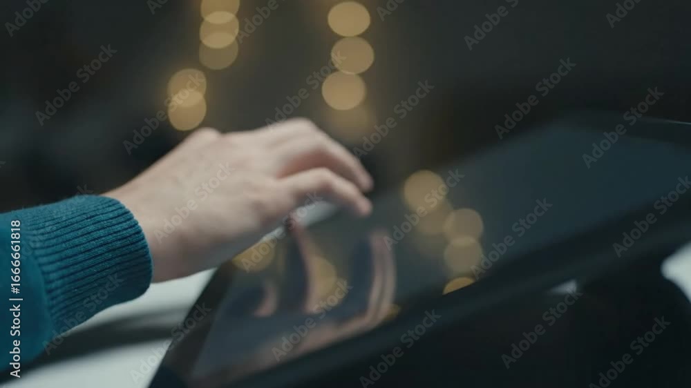 Poster hand interacting with digital tablet in dim lighting with bokeh background indoors