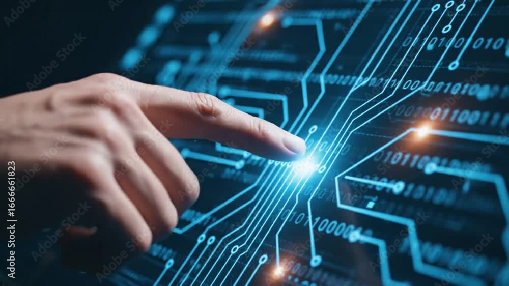 Poster hand interacting with glowing blue circuit board technology and binary code background