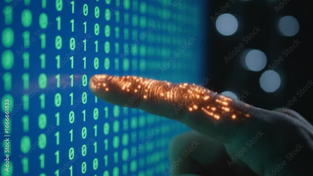 Poster hand touching glowing binary code on screen with fingerprint details in dark room