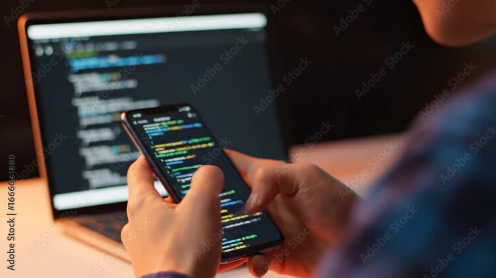 Poster hands holding mobile phone displaying code in front of laptop during programming
