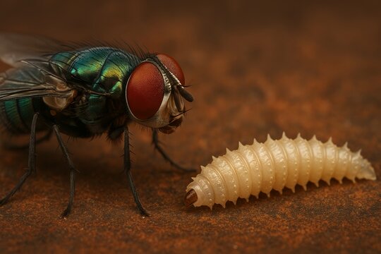 Detailed Macro Close-Up of Screwworm Fly and Larva for Scientific and Educational Use