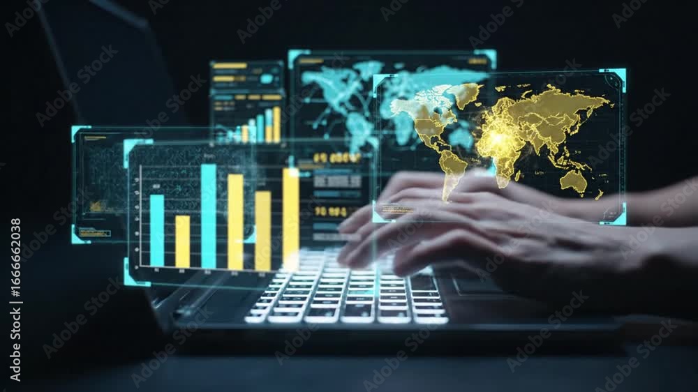 Fototapete hands typing on laptop keyboard with digital data graphs and charts displayed