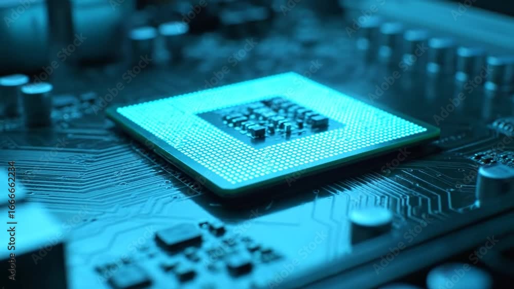 Poster illuminated central processing unit on circuit board in cyan lighting