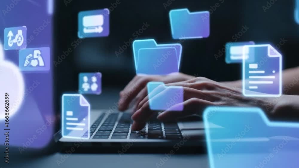 Poster laptop keyboard with cloud computing interface and file transfer icons hologram