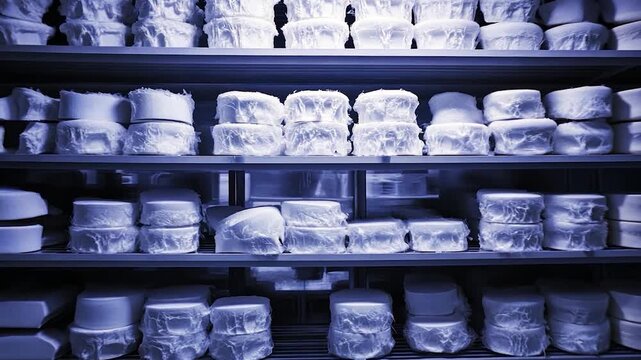 Stacked, textured, white forms on metal shelves