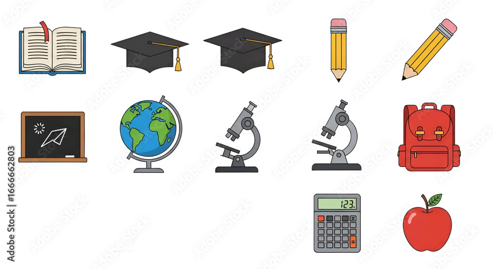 Poster pixel art style school and education icons isolated on transparent background for web design and use