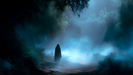 Fototapeta premium Cloaked figure stands mysteriously in a misty forest clearing, shrouded in darkness.