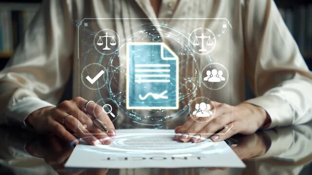 Businesswoman Interacting with Digital Contract and Legal Technology Overlay