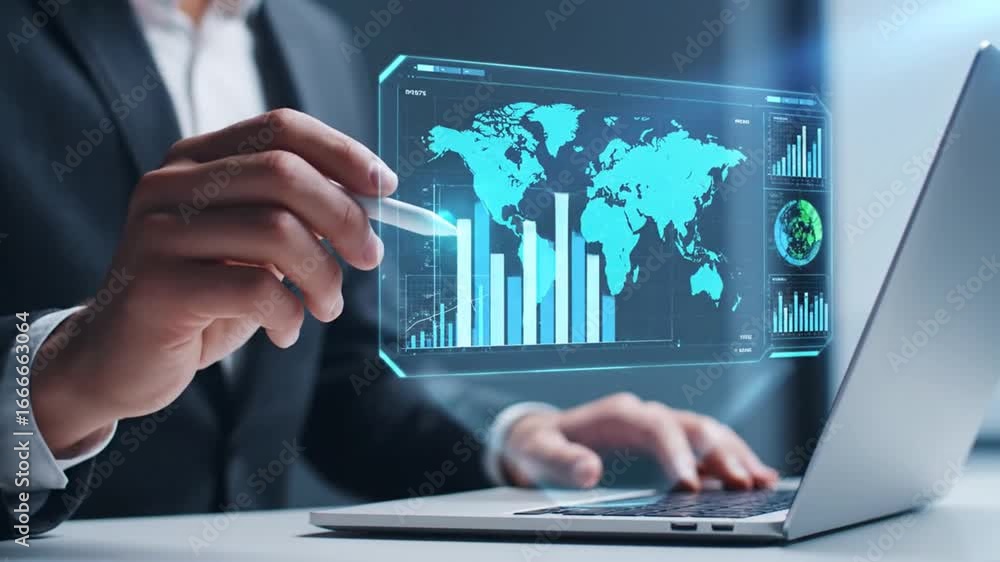 Aufkleber man in suit typing on laptop with virtual global data charts and graphs displayed