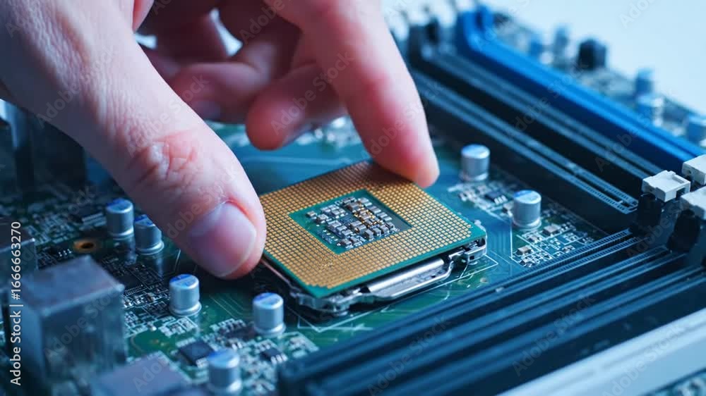 Poster mans hand installing gold computer processor into socket on blue motherboard