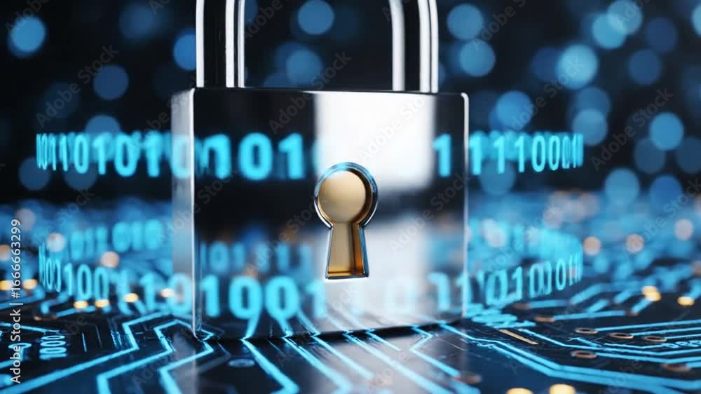 Aufkleber metallic padlock with binary code overlay on blue circuit board background