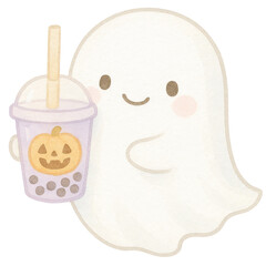 Adorable Cartoon Ghost Holding a Pumpkin Bubble Tea Drink