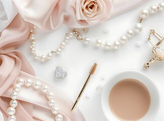 Elegant Still Life: A refined collection of pearls, delicate roses, and exquisite accessories creates a luxurious and stylish composition, evoking a sense of timeless elegance and feminine grace.