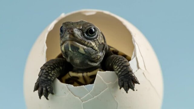 Hatching turtle emerges from egg shell close up wildlife concept metaphor for new beginnings growth hope and fresh start