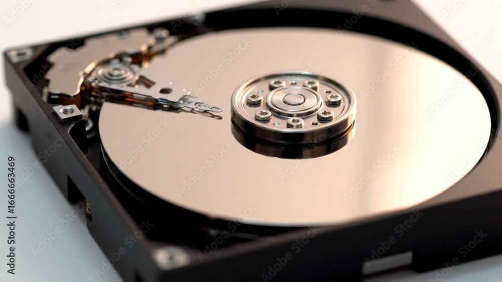 Poster opened computer hard drive with silver platter and internal components