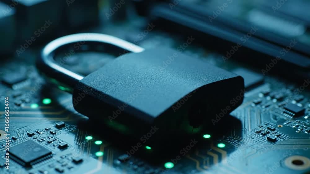 Poster padlock on circuit board symbolizing data security and technological protection
