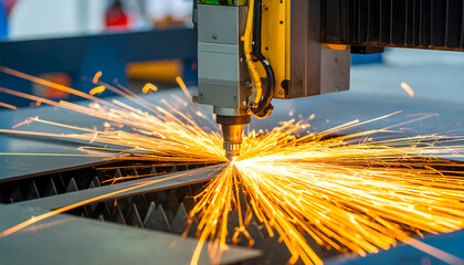 Powerful industrial laser cutting machine precisely shaping metal with a brilliant shower of sparks