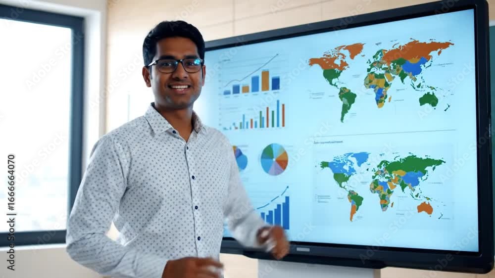 Poster smiling man presenting world map and chart data in modern office environment with graphs