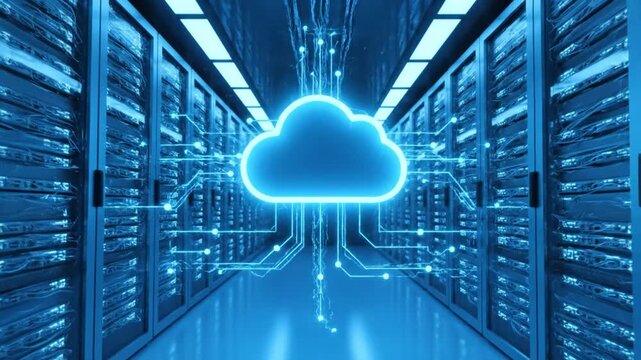 Server Room with Blue Light and Cloud Network Digital Infrastructure Concept