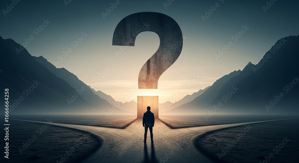 Poster silhouette of man at crossroads, large question mark in background, symbolizing decision-making, unc