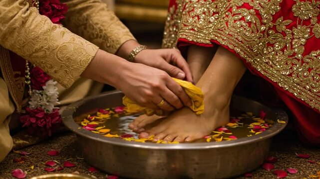 Washing Feet During Traditional Ceremony with Flowers in Water