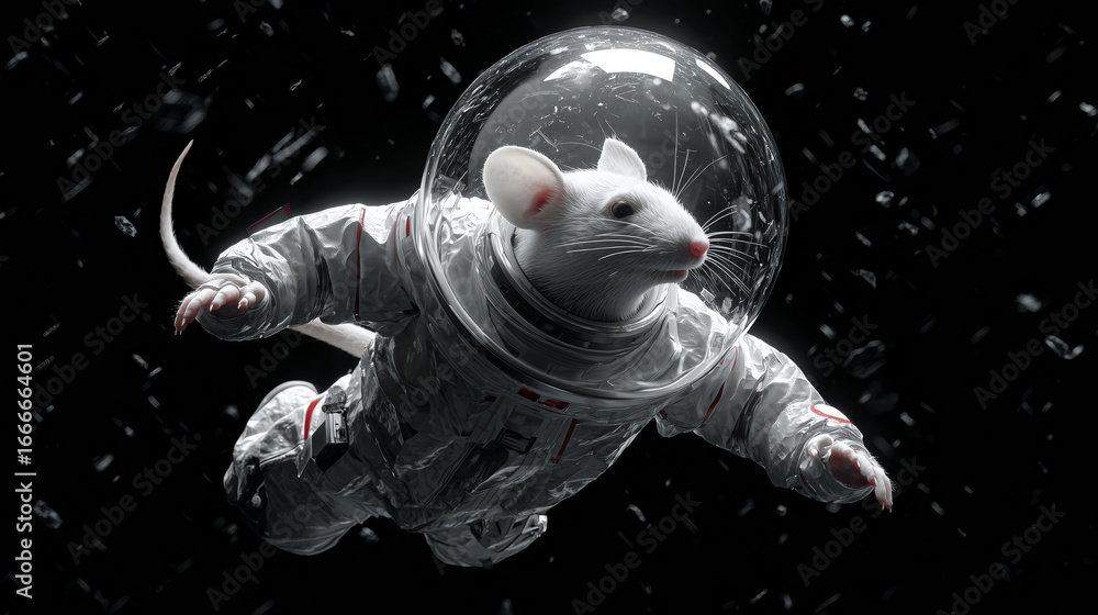 Poster a mouse equipped with a spacesuit drifts through space, surrounded by a dark backdrop filled with st
