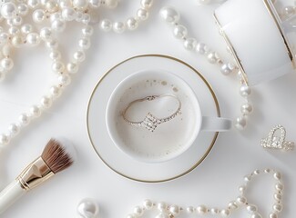 Morning Ritual: A luxurious, detail-oriented shot of a pristine white cup of coffee, nestled within a tableau of opulent jewelry and accessories, capturing a sense of indulgence and refined elegance.